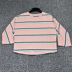 Mod Ref Shirt Women Medium Pink Striped 3/4 Sleeve Boxy Crop Cotton Blend